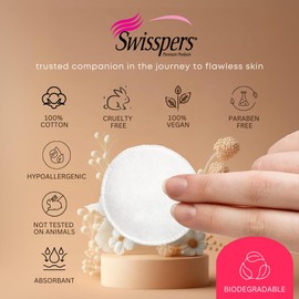 Swisspers Premium Cotton Rounds – 100 Count (Pack of 6) - 100% Pure Cotton - Soft, Absorbent, Hypoallergenic Pads for Makeup Removal, Skincare, Baby Care and Facial Cleansing - Lint Free