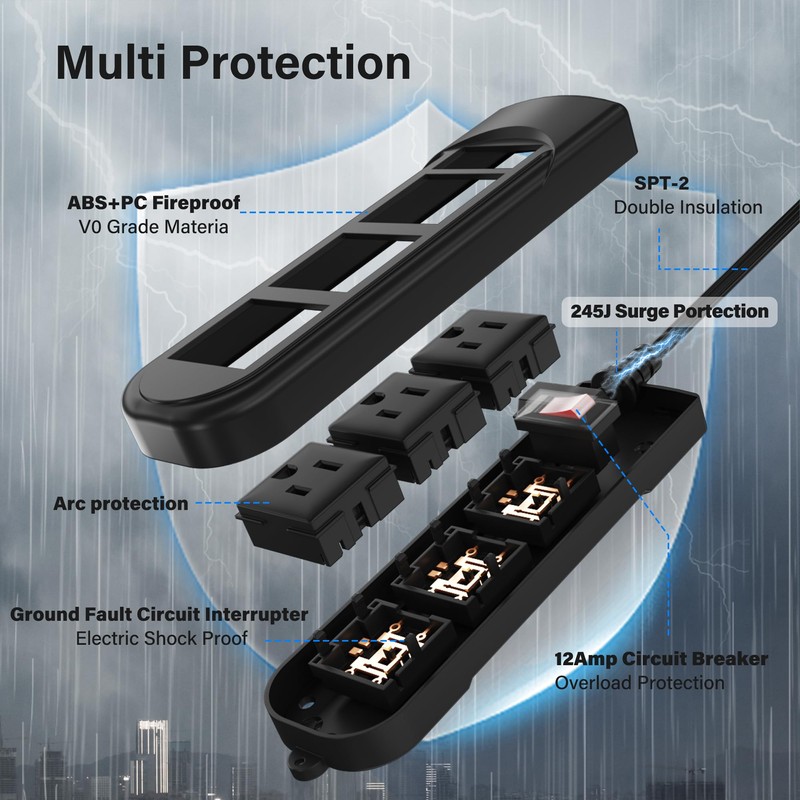 Outdoor Power Strip 6 Ft, IPX4 Waterproof Surge Protector 3