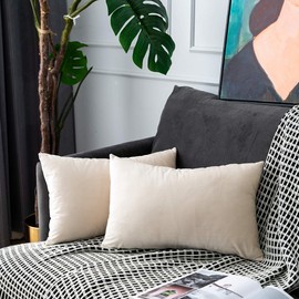 Beige Velvet Throw Pillow Covers Rectangle Lumbar Soft Solid Color Decorative Pillowcase Set Cushion Case Cover for Sofa Bedroom Office Chair 2 Pcs 12 x 20 inch