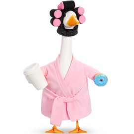 Shyyween Lady Porch Goose Outfits for 23'' Cement Plastic Geese Summer Statue Clothes Pink Bathrobe Coffee Cup Curlers for Outdoor Garden Lawn Yard Patio Decoration