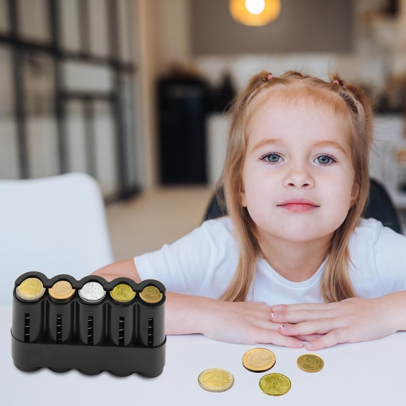 Coin Box with 5 Compartments, Coin Dispenser in Black, Change
