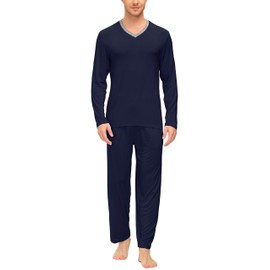 JINSHI Men's Pyjamas Set Long Sleeve V Neck Top & Pants Loungewear Sleepwear Nightwear PJ's Sets with Pockets Navy Size L