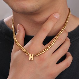 Mens Initial Necklace Initial Letter ID Pendant Stainless Steel Cuban Link Chain Necklace Birthday Graduation Chritmas Jewelry Gift for Father Brother Husband Gold T
