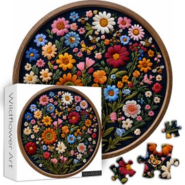 Vintage Wildflower Puzzles for Adults 1000 Pieces, Round Butterfly Bee Plant Puzzle Nature Art, Circle Pretty Flower Garden Jigsaw Puzzle, Retro Aesthetic Floral Puzzle