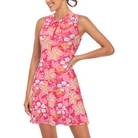 Cucuchy Style Tennis Outfits for Women Golf Dresses with Inner Shorts Pockets Athletic Polo Zip Up Lightweight Quick Dry Dress Exercising Floral Pink L