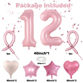 Pastel Pink 12 Balloons, Baby Pink 12 Number Balloons, Pink Number 12 Balloons Set, Pink Foil Star Heart Balloons With Long Balloons For Gilrs Woman 12th Birthday Party 1st 2nd Baby Shower Decor