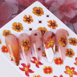 Colorful Flowers Nail Art Stickers 3D Orange Flower Nail Decals with Gold Edge Designs Nail Stickers Self-Adhesive Wildflowers Leaf Nail Decal Cute Floral Leaves Nail Sticker for Women Nails Decor