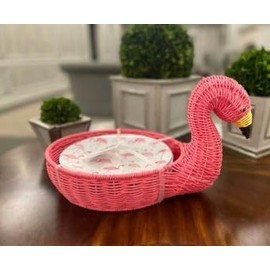Flamingo Wicker Serving Basket 16 x 9 x 9 inch with 4 Mellamine Plastic 8 inch Salad Bread Plates Great for Summer Outdoor Serving and Picnics