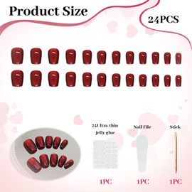 LunarCharm 24 Stück Dunkelrote Press-on-Nägel im Katzenaugen-Stil kurz quadratisch glänzend künstliche Nägel zum Aufdrücken glitzernde Acrylnägel