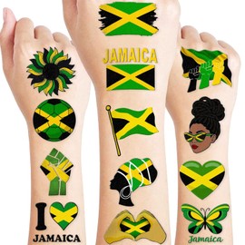 100 piezas de tatuajes temporales con la bandera de Jamaica, suministros de decoración para fiestas de cumpleaños, recuerdos, pegatinas de tatuajes de palmeras jamaicanas de color amarillo y verde,