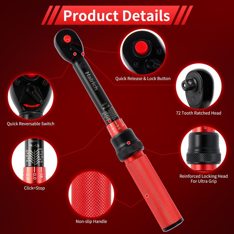 Hairich 1/4-Inch Torque Wrench, Dual-direction Small Torque Wrench 20-220in.lb/2.3-24.9Nm, 72