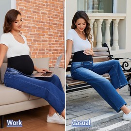Ecavus Women's Maternity Jeans Over Belly Wide-Leg Comfy Stretch Denim Pants with Pockets, XS-XXL Dark Blue