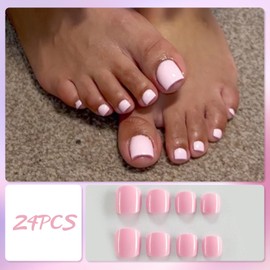 Ceboic 24 Stück Leuchtendes Pink Fußnägel zum Aufkleben, Französisch Kurz Künstliche Zehennägel, Einfarbige Falsche Zehennägel Full Cover Natürliche Fussnägel Tips, Artificial Toenails für Frauen