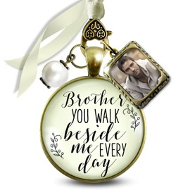 Memorial Wedding Bouquet Charm Honor Brother You Walk Beside Me Every Day Jewelry White Glass Pendant Choose Bead Color Frames Sentimental Keepsake Ties Bride's Flowers DIY Photo Template