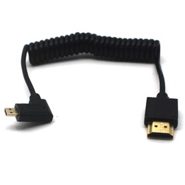 LOKEKE Coiled 4K Micro HDMI to HDMI 2.0 Cable, Standard HDMI 2.0 to 90 Degree Right Angle Micro HDMI Male to Male Cable Cord Adapter 4K*2K@60Hz Ethernet 3D Audio Return(1.2M/3.94FT, Right Angle)