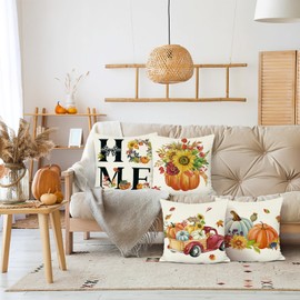 COZZSNUGE Fall Pumpkin Throw Pillow Covers, Pumpkins Flowers Truck Home Wreath Autumn Polyester Decorative Pillowcases for Sofa Bed Home Patio Set of 4, 18 x 18 Inches