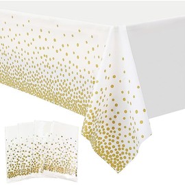 AMJKEJI Pack of 4 Party Tablecloth, White Gold Dot Tablecloth, Rectangular, 137 x 274 cm, Waterproof Plastic Tablecloths for Christmas, Birthday, Weddings, New Year, Picnic