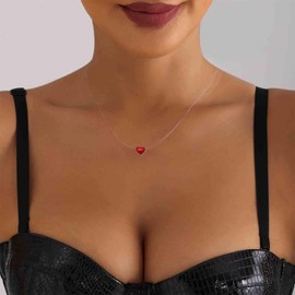 Aneneiceera Vintage Red Heart Pendant Necklace Silver Transparent Invisible Chain Necklace Tiny Heart Choker Necklace Heart Fishing Line Necklace Chain Jewelry for Women