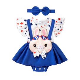 Pybcvrrd Baby Girl 4th of July Clothes Star Romper Dress Ruffle Sleeve 3D Bunny Jumpsuit Bodysuit Headband Patriotic Outfit (Blue, 12-18 Months)