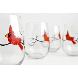 Cardinal Wine Glasses, Set of Four Stemless Christmas Glasses, Holiday Hosting, Red Bird Glassware