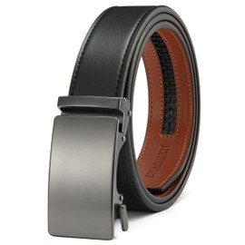 CHAOREN Buckley Automatic Belt Men's Leather Belt Ratchet Automatic Buckle for Men Business Suit 35 mm Wide Belt without Holes Size Adjustable, Gun - Black