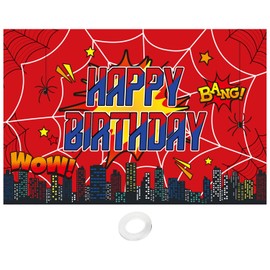 Spider Web Backdrop, 5x3ft Colorful Happy Birthday Party Banner with String for Boys Baby Shower Birthday Party Decoration Supplies