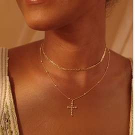 14K Gold Plated Cross Necklace, Cross Faith Beads Pendant Dainty Chain Simple Tiny Jewelry Gift for Women