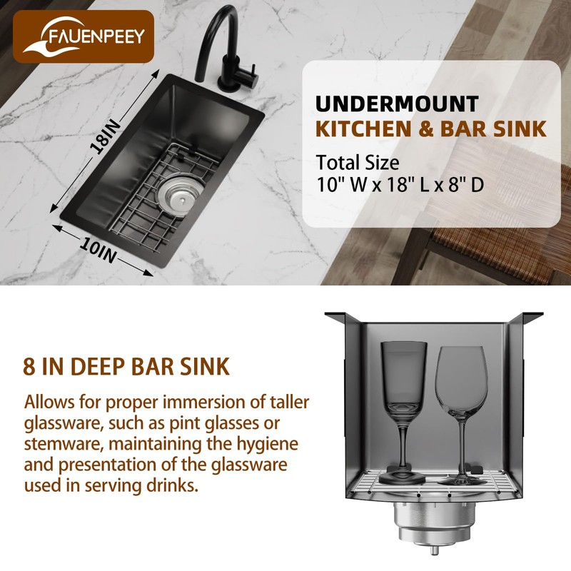 Black Kitchen And Bar Sink,10x18 Inch Stainless Steel Drop In