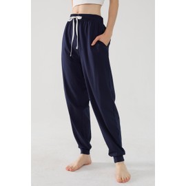 Women Cotton Lounge Pants Cuffed Drawstring Elastic Pajama Sleep Bottoms with Pockets (Navy Blue, Large)