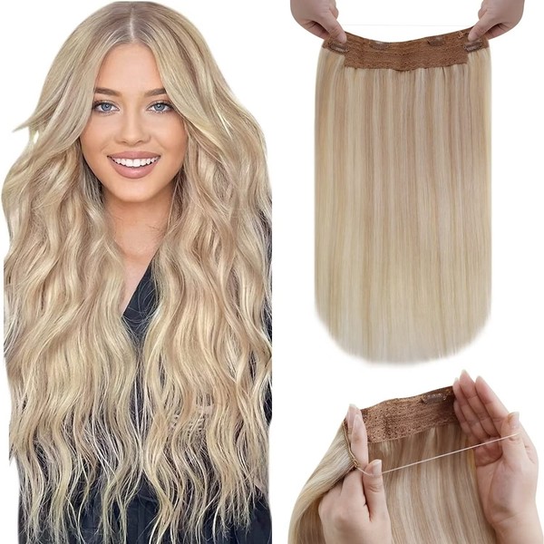 LaaVoo Blonde Real Hair Extensions with Wire, Invisible Fish Line Extensions, Ash Blonde, Highlighted Light Blonde, Secret Wire Hair Extensions, Blonde, Remy, 80 g #P18/24, 45 cm