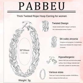 PABBEU 925 Sterling Silver Hoop Earrings for Women, Lightweight Twisted Hoop Earrings With Cubic Zirconia, Thick Hypoallergenic Silver Hoops Earring for Women Gifts (40MM)
