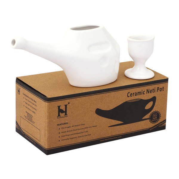HealthGoodsIn - Porcelain Golden Ceramic Neti Pot for Nasal Cleansing with 10 Sachet Neti Salt and Instructions Leaflet