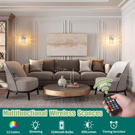 Shenmoyl Set of 2 Crystal Battery Operated Wall Sconce,Rechargeable Wall Lamp with 5200mAh Battery & Remote Control, Modern Dimmable Wireless Wall Lights for Bedroom Bathroom (Clear, Silver Base)