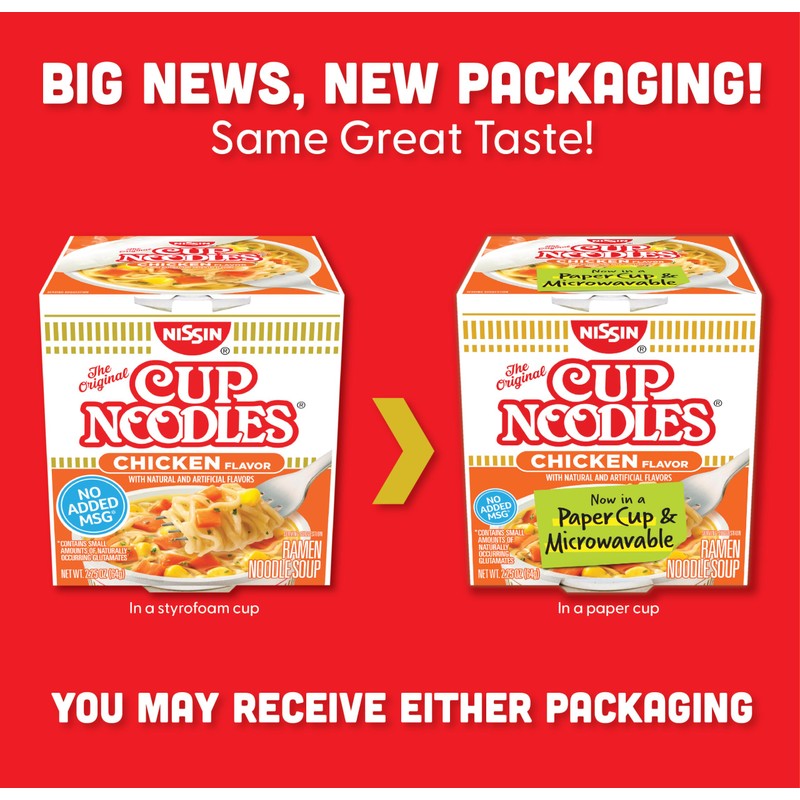 Nissin Cup Noodles Ramen Noodle Soup, Chicken, Microwaveable Paper Cup,