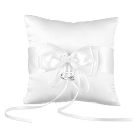 Ring Cushion Wedding Registry Office, 14 x 14 cm Wedding Ring Cushion White Ring Cushion for Wedding, Ring Bearer Pillow Pearl Wedding Ring Cushion, Satin Ribbon Ring Bearer Cushion with Beautiful