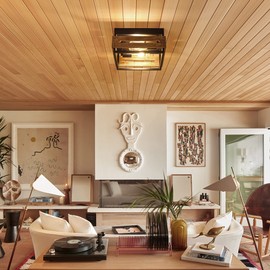 Mayful Flush Mount Ceiling Light, Rustic Ceiling Light Fixture with Black Metal and Wood Design, 2-Light Farmhouse Light Fixtures for Kitchen Living Room Bedroom Entryway Hallway Laundry