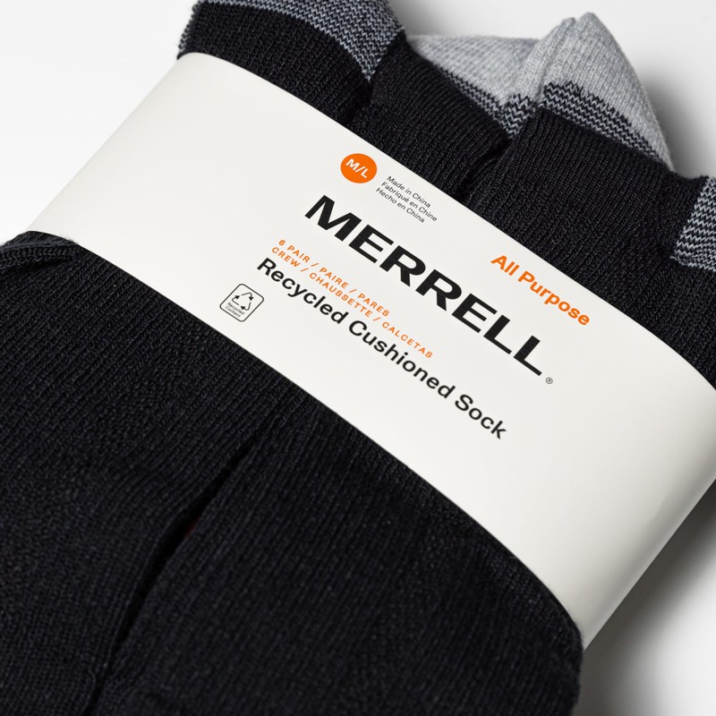 Merrell Recycled Cushion Crew Sock 6 Pair Pack, Black, Small