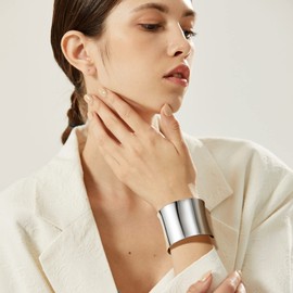 PROSTEEL Women's Wide Bangle Stainless Steel/18k Gold Plated Open Cuff Bracelet Retro Style Upper Bangle Bracelet Accessory, Stainless Steel