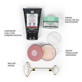 YVES ROCHER - Kit Rutina de Skincare Piel Mate, Incluye Limpiador Facial, Crema Facial para Imperfecciones, Rodillo Facial y Polvo Traslucido Ideal pa
