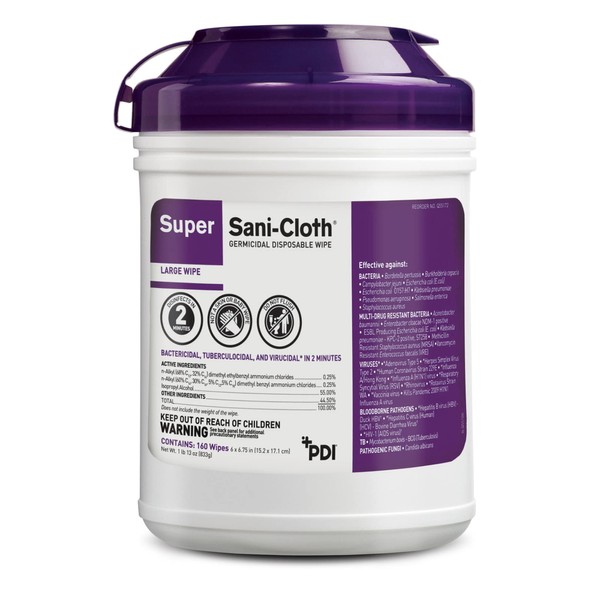 PDI-Q55172 Professional Disposables Surface Disinfectant Super Sani-Cloth Wipes, 160 Count - Purple