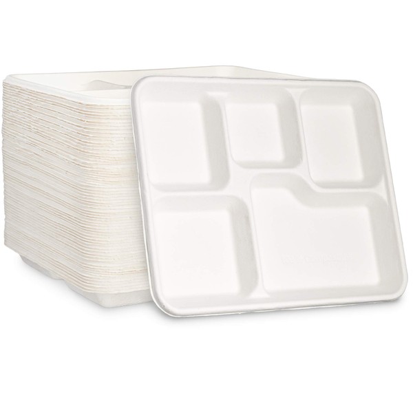 Comfy Package, 100% Compostable 5 Compartment Plates Eco-Friendly Disposable Sugarcane 10 inch Paper Trays