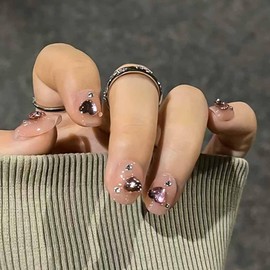 RikView Square Press on Nails Short Fake Nails Nude Nails with Heart Rhinestones Design Glossy Nails for Women 24 PCs/Set