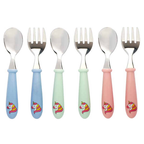 Exzact Children's Cutlery 6pcs Stainless Steel 18/10-3 x Forks, 3 x Spoons - Toddler Cutlery - BPA Free - Dishwasher Safe - Unicorn