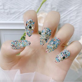 Awxfoo 24Pcs French Tip Press On Nail Medium Almond Shape Glitter Beads Nail Art Set Bonding Nail Pads Suitable for Women DIY Nail Decoration Suitable for Dating Prom Wedding Party CDJ-8-114