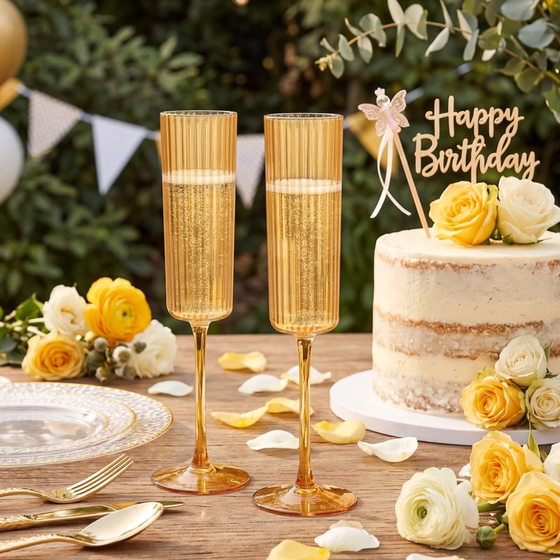 24 Pack Amber Plastic Champagne Flutes for Weddings Birthdays