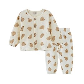 Jaydyequ Baby Clothes, Pajamas, Spring, Summer, Autumn Clothes, Thin Cotton Gauze Top and Bottom Set, Front Opening, Long Sleeves, Boys and Girls, Loungewear, Children's Clothes, All Patterns, Bear