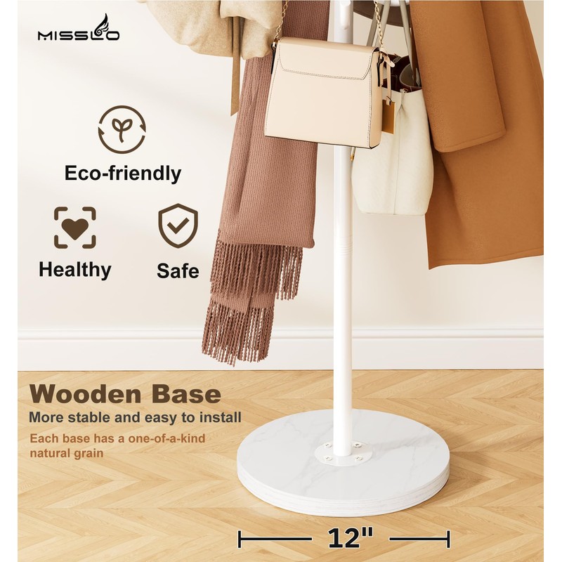 MISSLO Heavy Duty Coat Rack Freestanding with Stable Wood Base