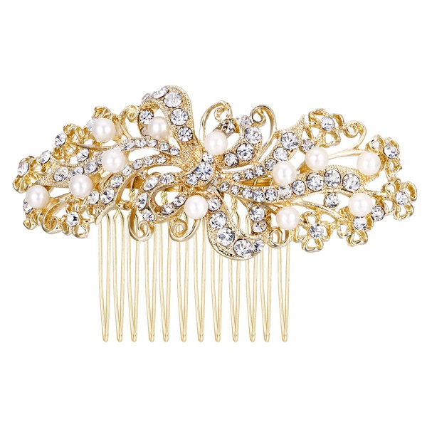 EVER FAITH Bridal Gold-Tone Flower Cream Simulated Pearl Clear Austrian Crystal Hair Side Comb