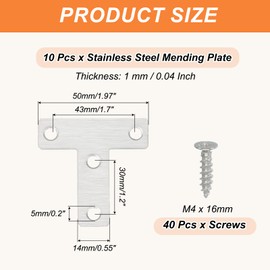 PATIKIL Flat Mending Plate 2"x0.6", 8 Pcs Stainless Steel T-Shape Flat Bracket for Shelves Corner Braces Brackets Metal Fixing Joining Plates for Wood Furniture Cabinet Frame Repair
