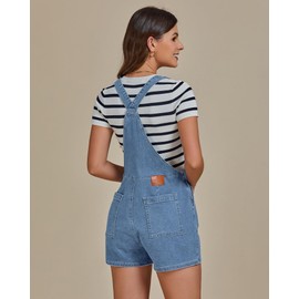 luvamia Womens Shorts Overalls Denim Bib Adjustable Straps Side Zip Womens Romper Shorts Casual Summer Shortalls Stretchy Jean Overalls Shorts Lakeside Blue Size X-Large US 16 to 18